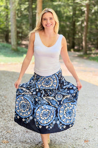 Navy Medallion High Rise Midi Skirt