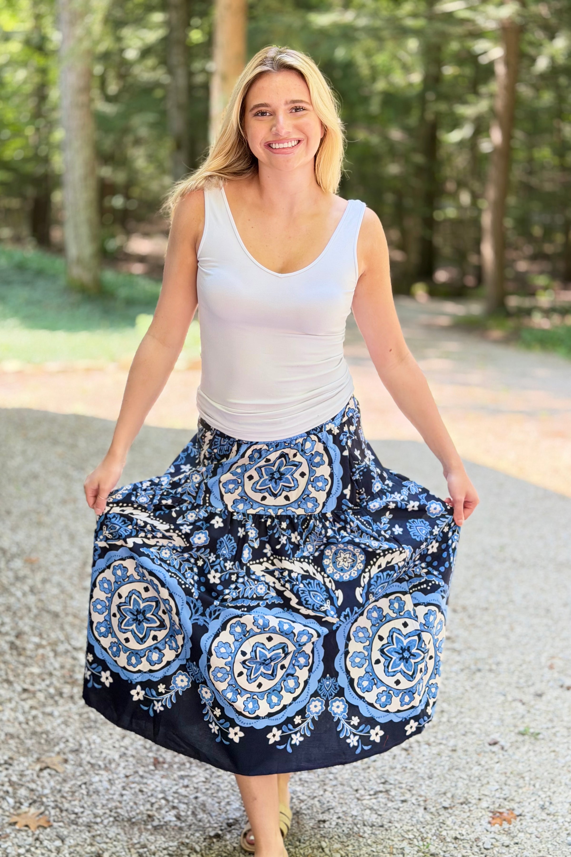 Navy Medallion High Rise Midi Skirt
