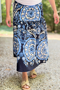 Navy Medallion High Rise Midi Skirt