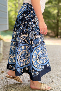 Navy Medallion High Rise Midi Skirt