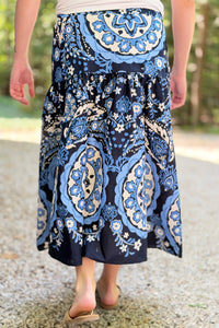 Navy Medallion High Rise Midi Skirt