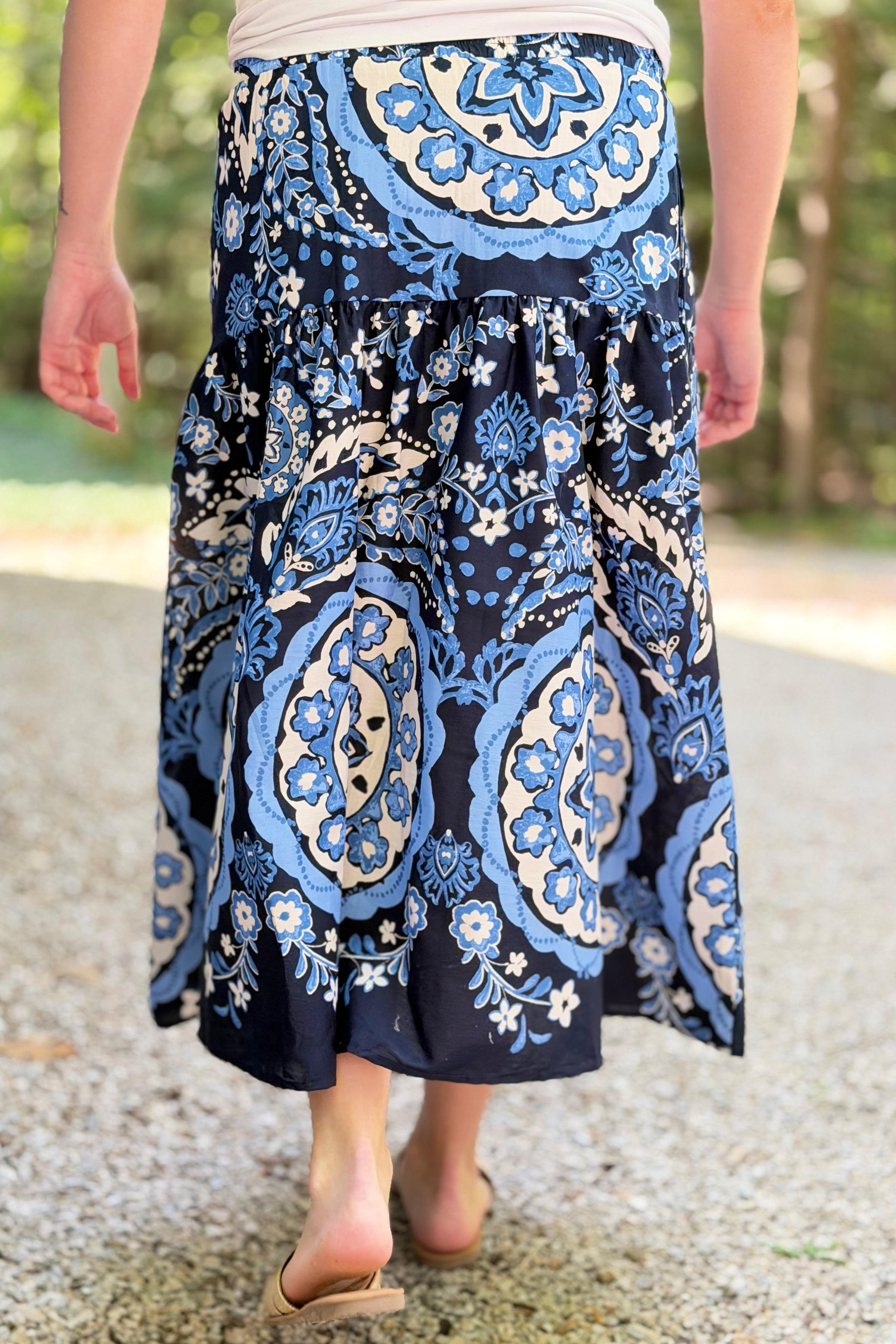 Navy Medallion High Rise Midi Skirt