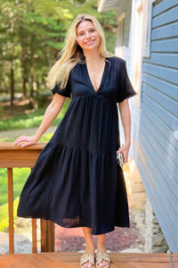 Gauze V-Neck Tiered Maxi Dress - Black
