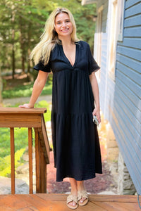 Gauze V-Neck Tiered Maxi Dress - Black