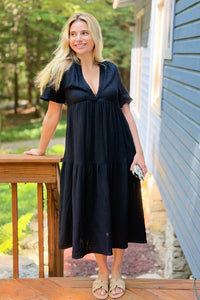 Gauze V-Neck Tiered Maxi Dress - Black