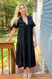 Gauze V-Neck Tiered Maxi Dress - Black