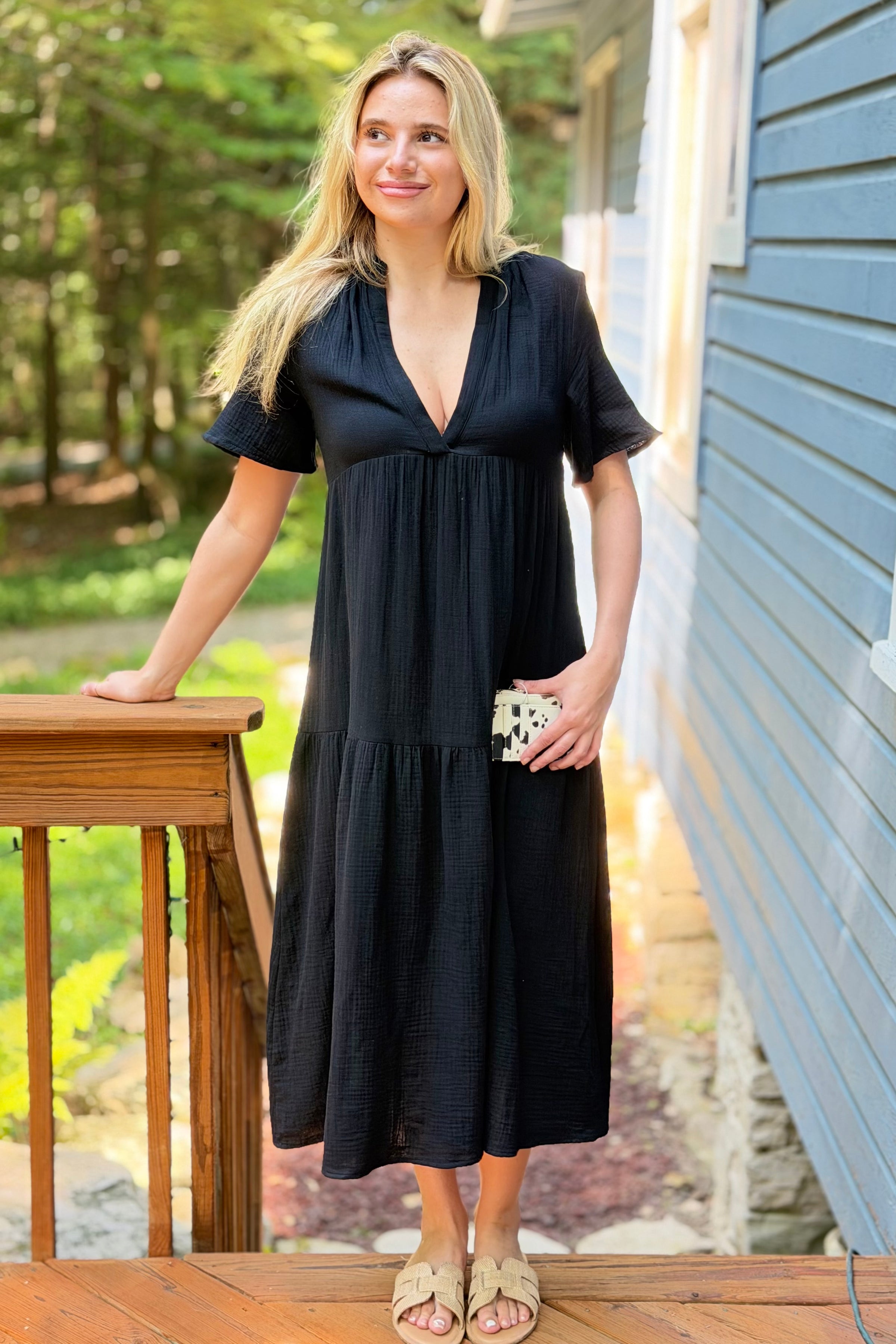 Gauze V-Neck Tiered Maxi Dress - Black