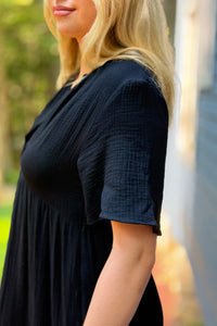 Gauze V-Neck Tiered Maxi Dress - Black
