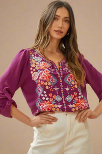 Classic Blouse With Embroidery - Magenta