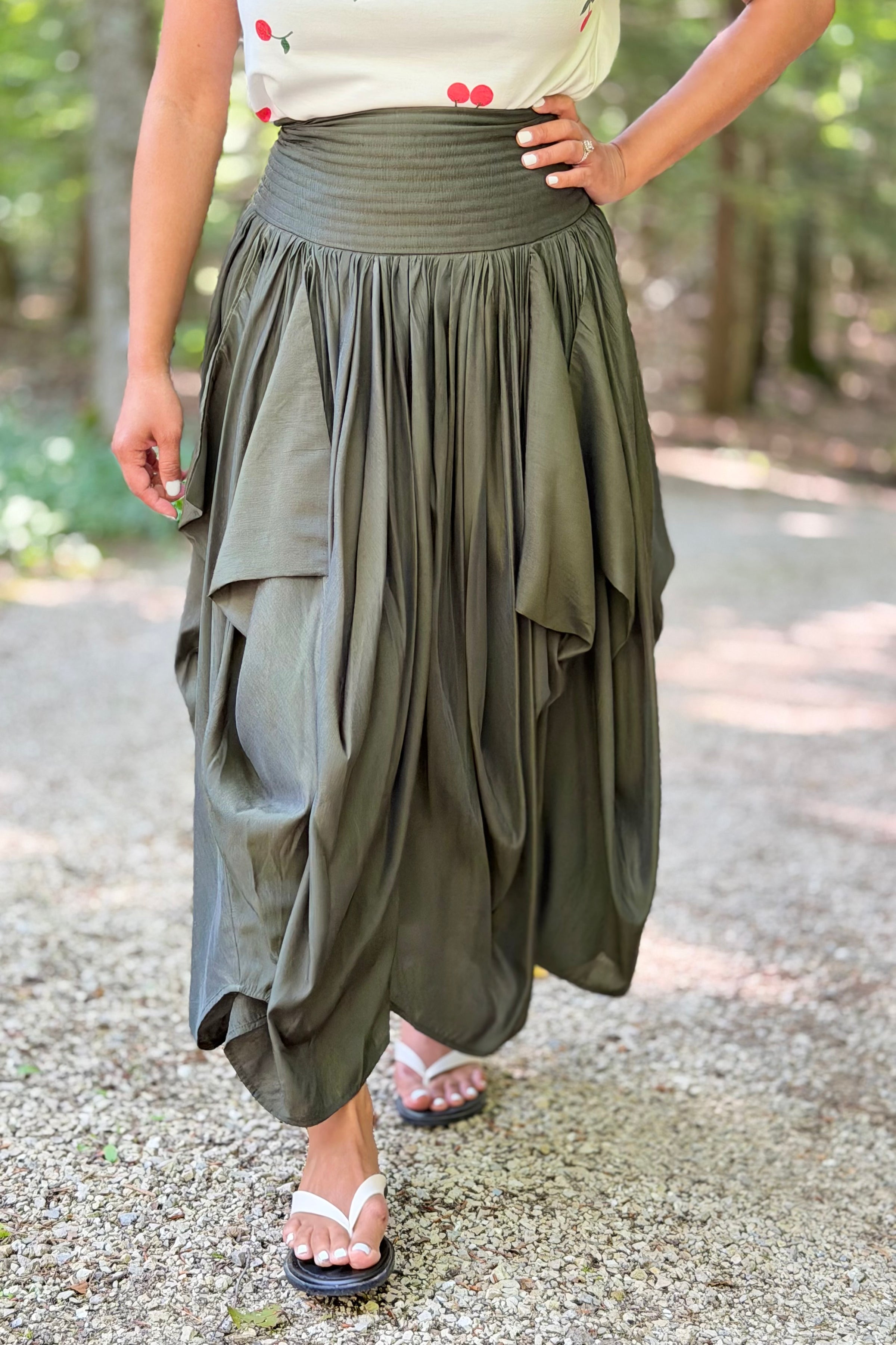 Draped Voluminous Midi Skirt - Olive