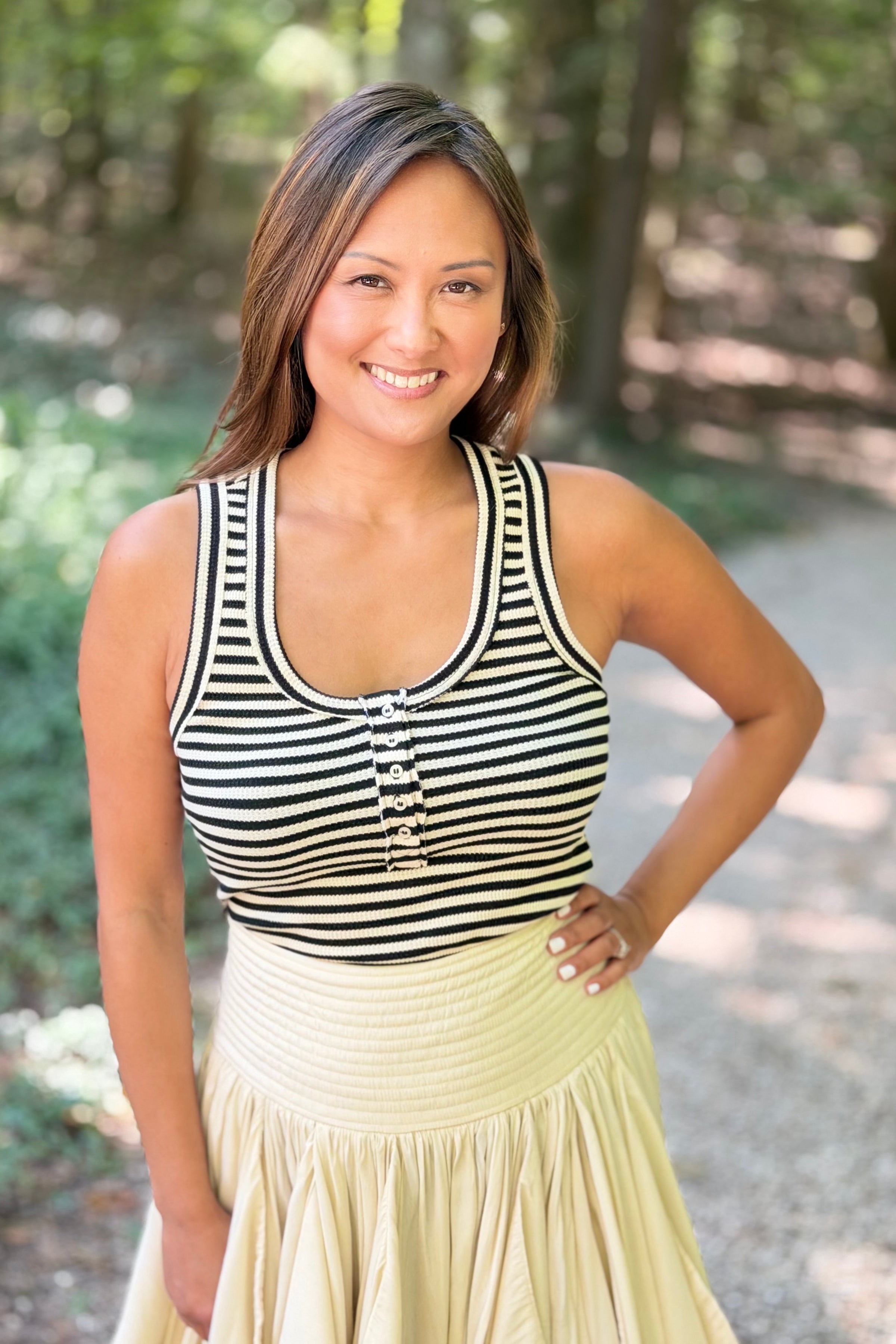 Striped Button Down Tank Top - Black