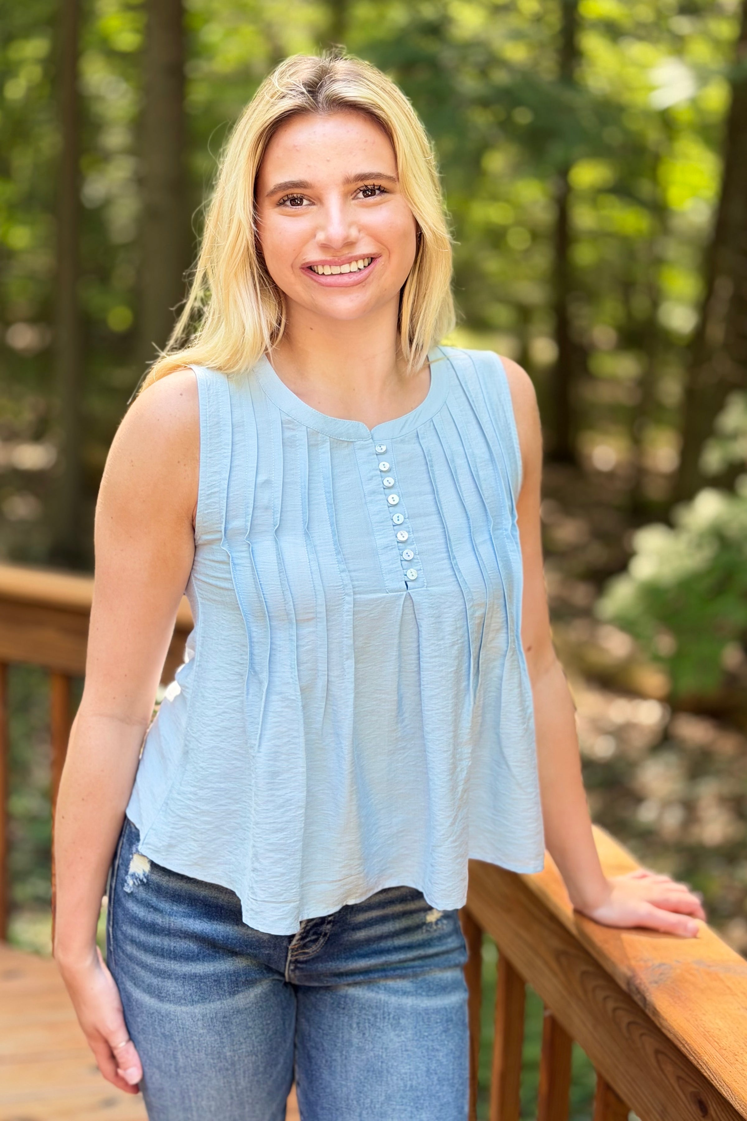 Pintuck Sleeveless Top - Sky