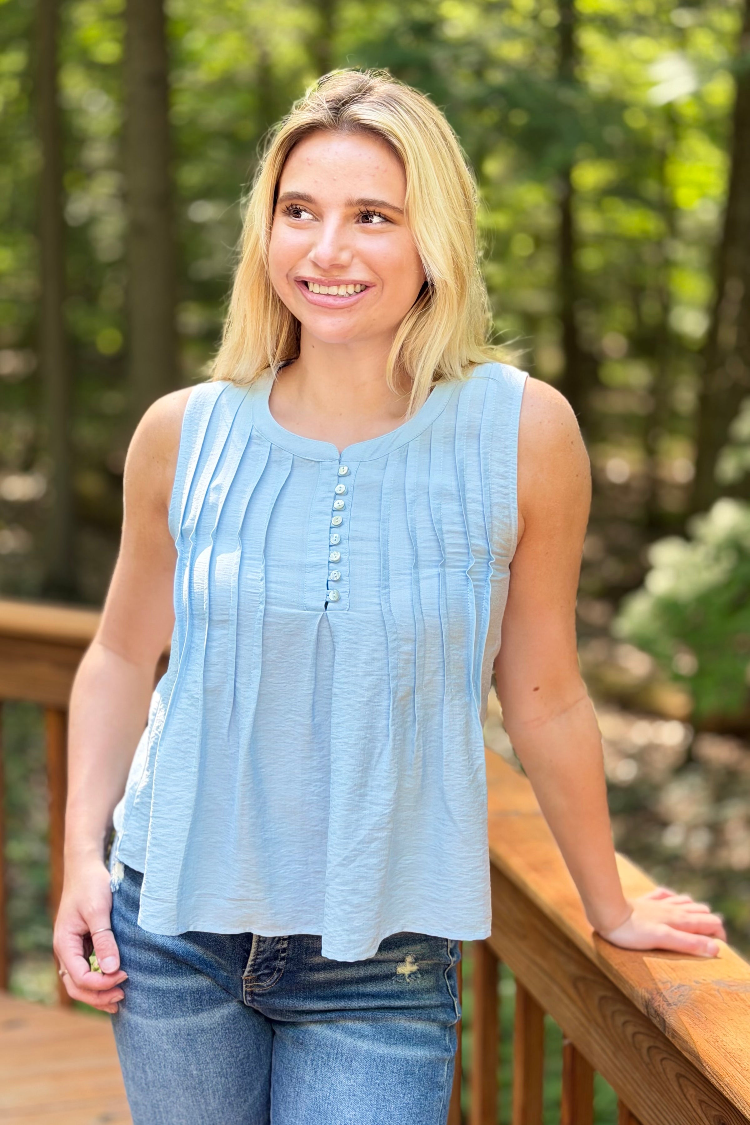 Pintuck Sleeveless Top - Sky