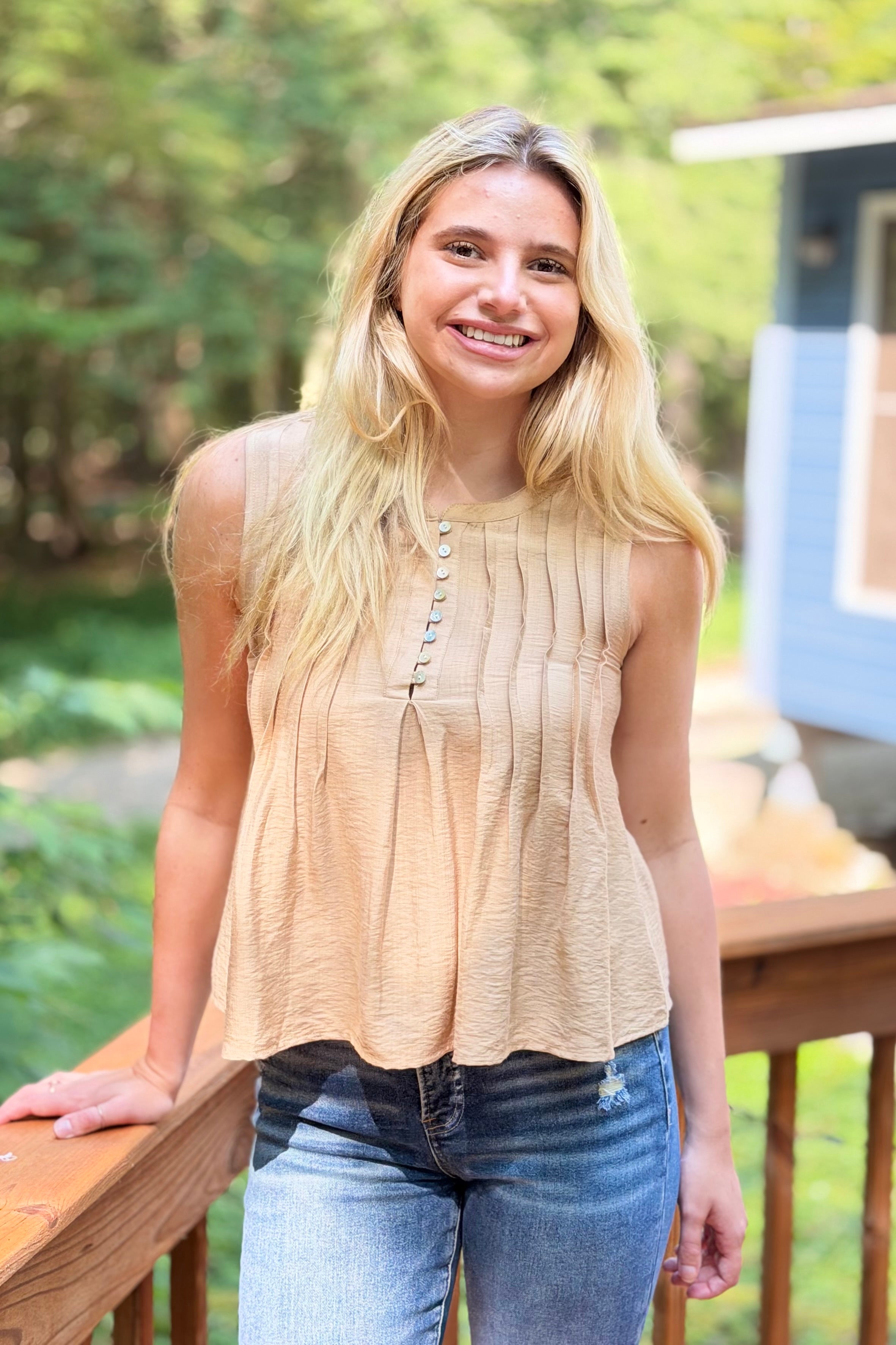 Pintuck Sleeveless Top - Taupe