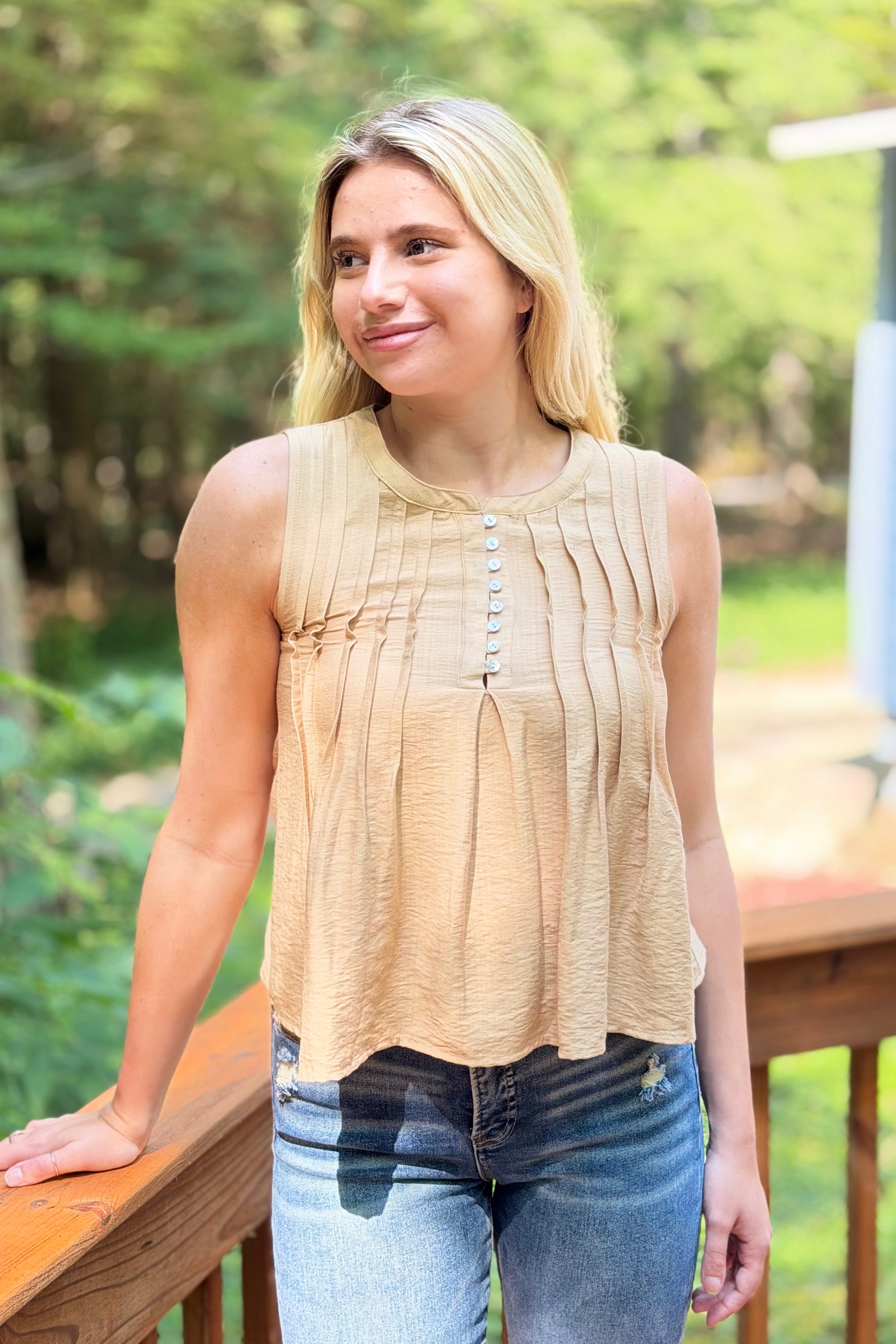 Pintuck Sleeveless Top - Taupe
