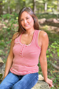 Striped Button Down Tank Top - Red