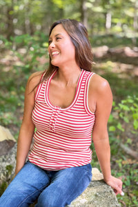 Striped Button Down Tank Top - Red