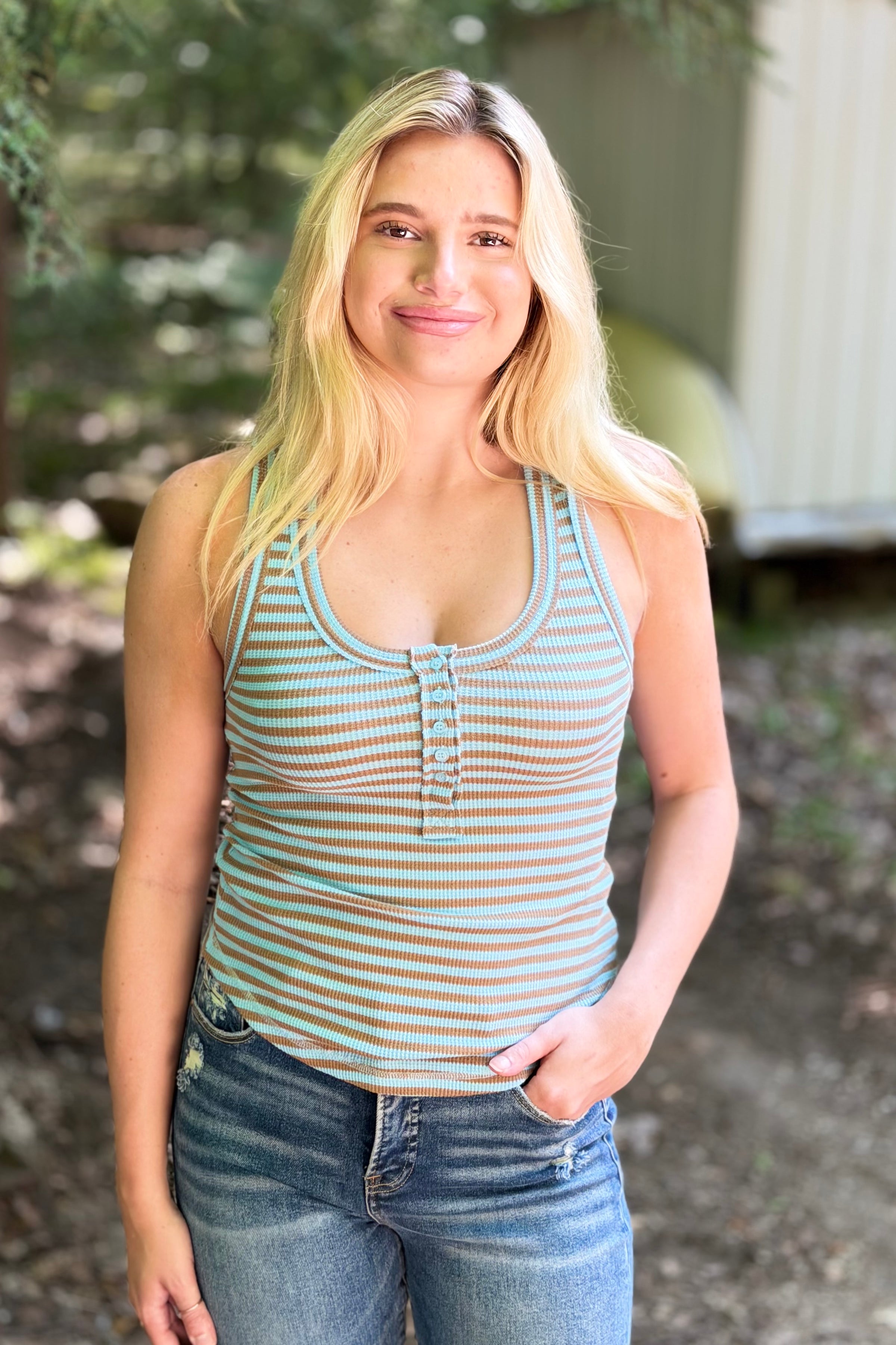 Striped Button Down Tank Top - Sky