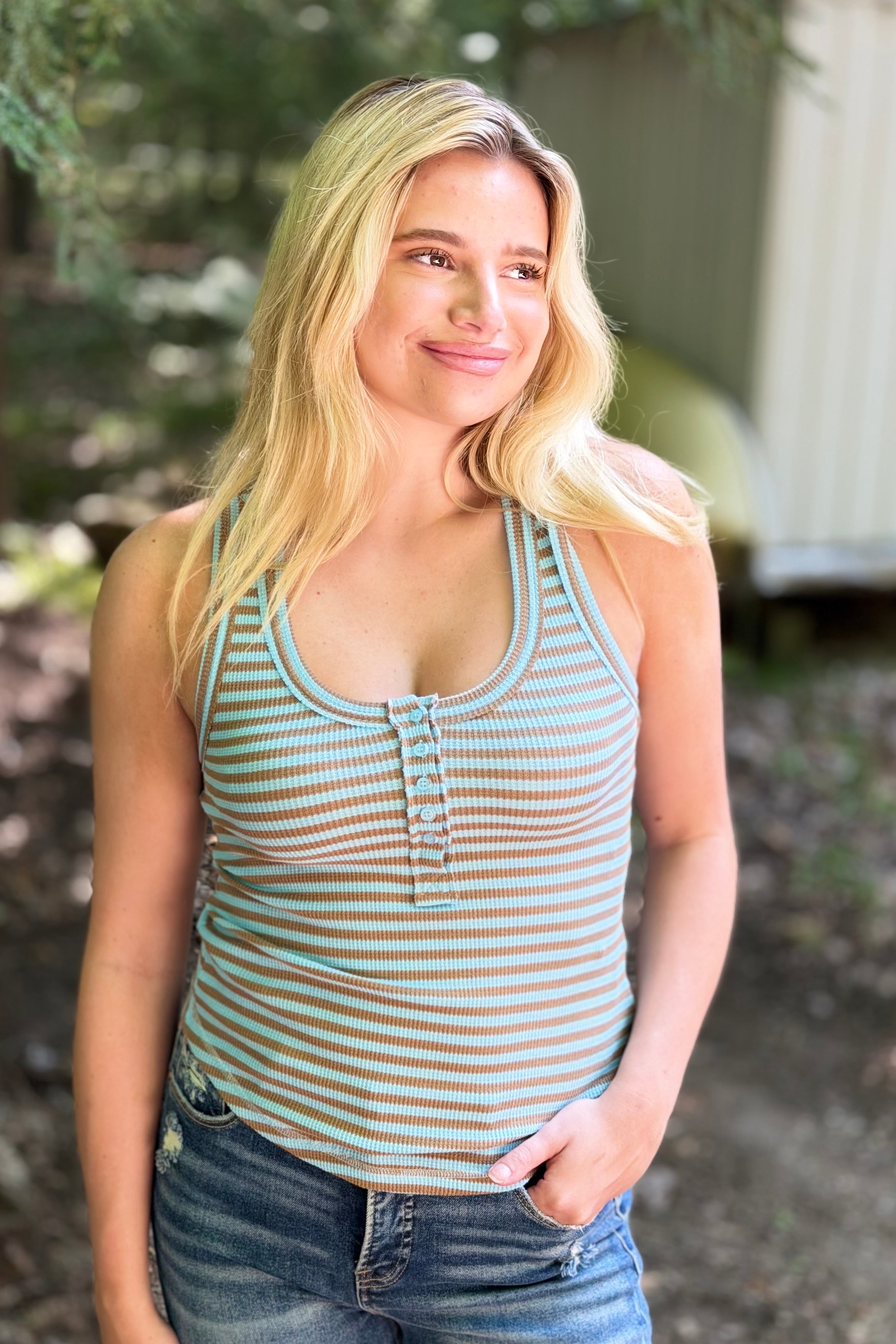 Striped Button Down Tank Top - Sky