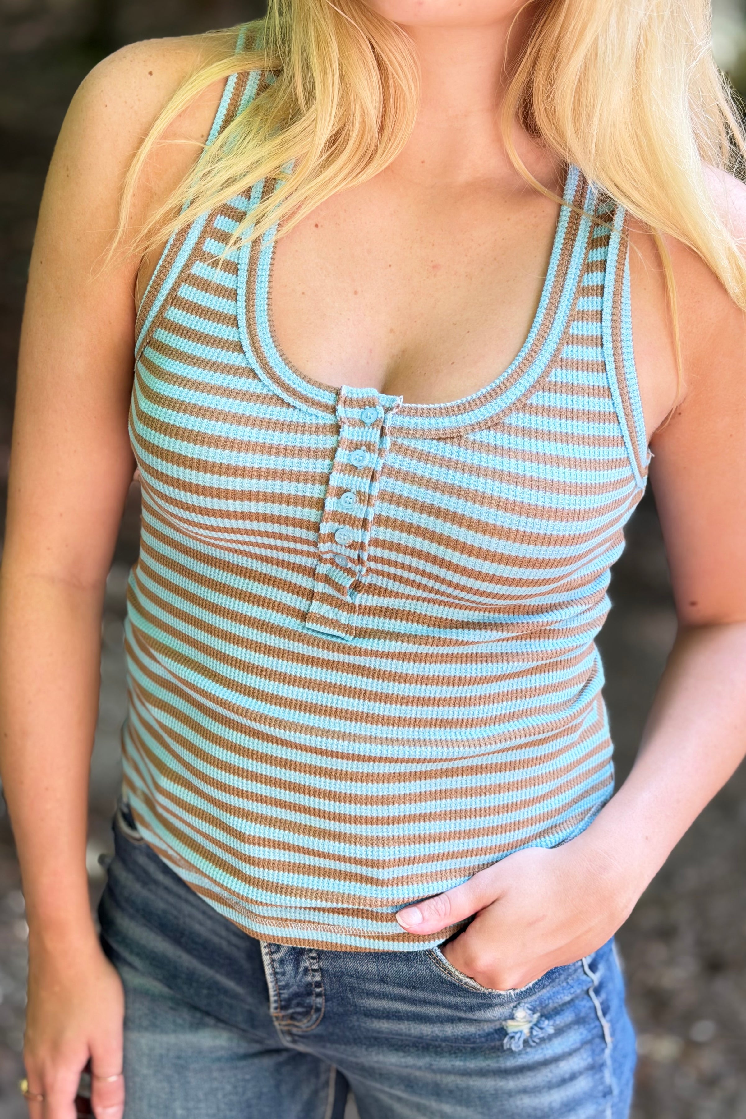 Striped Button Down Tank Top - Sky