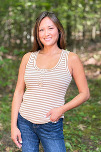 Striped Button Down Tank Top - Mocha