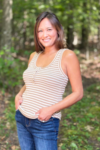 Striped Button Down Tank Top - Mocha
