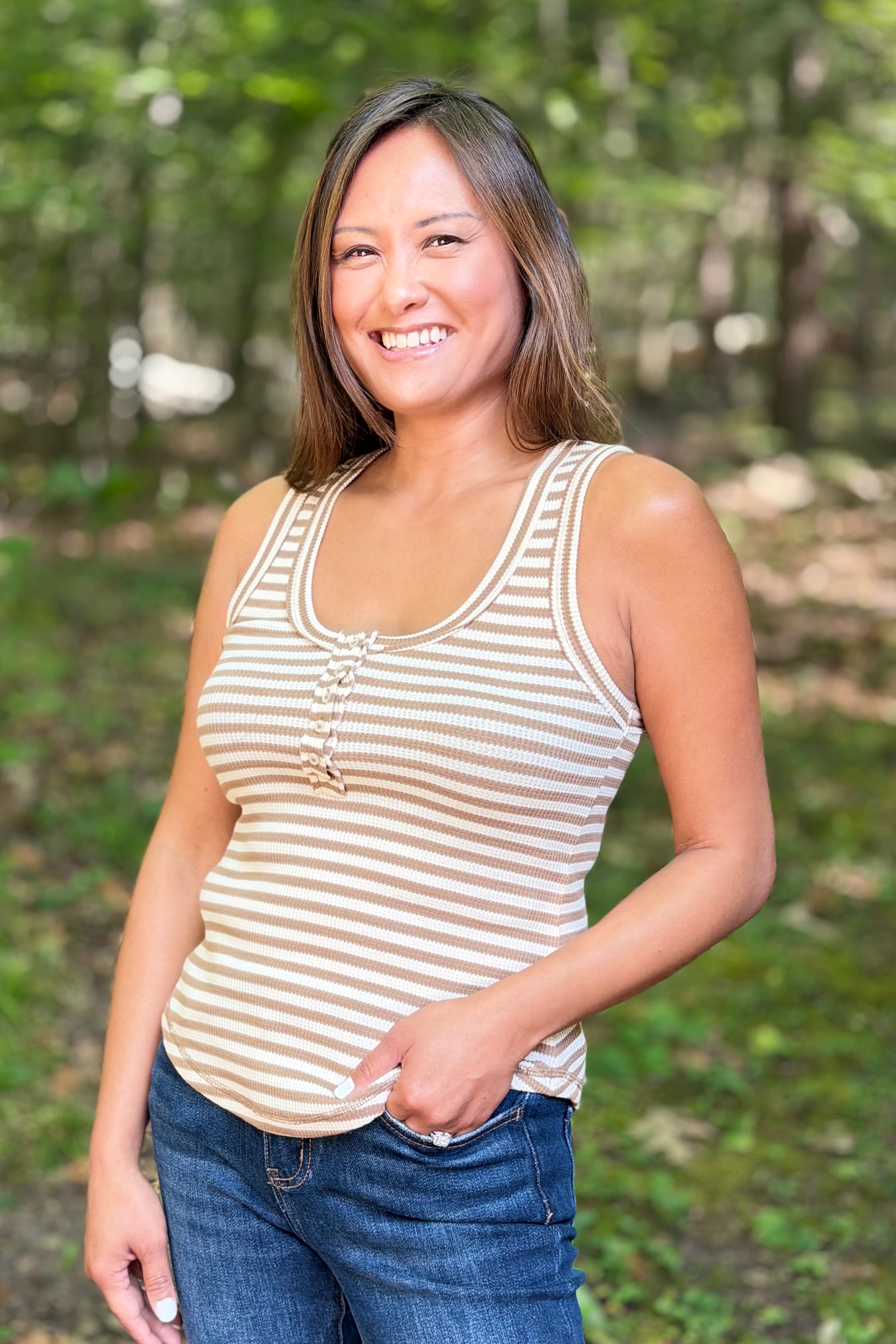 Striped Button Down Tank Top - Mocha