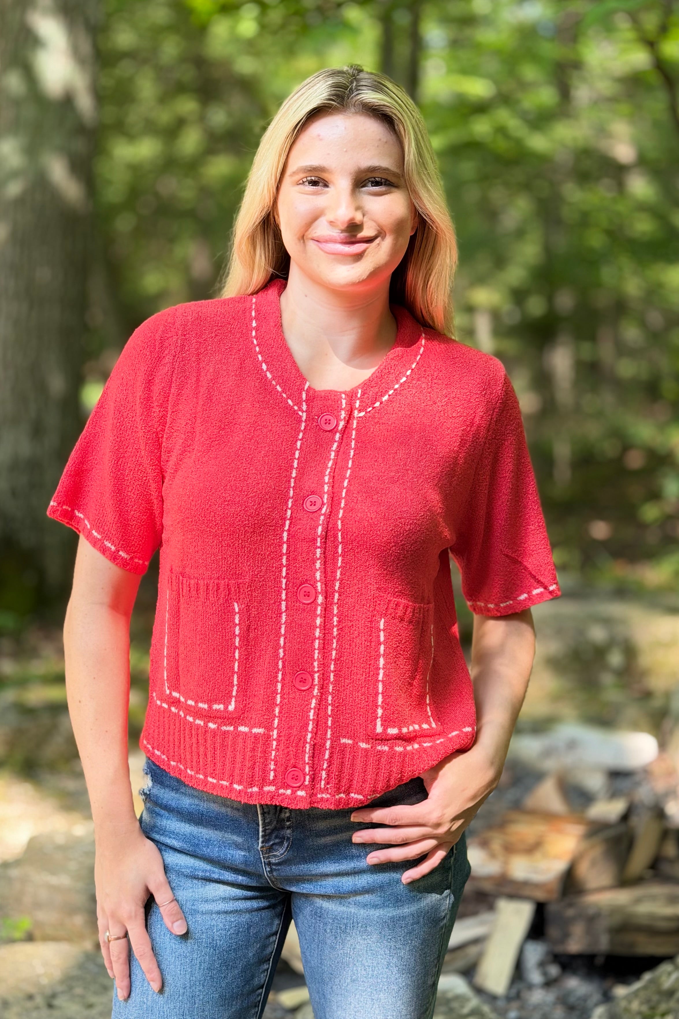 Stitch Detail Cardigan Top - Red