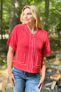 Stitch Detail Cardigan Top - Red
