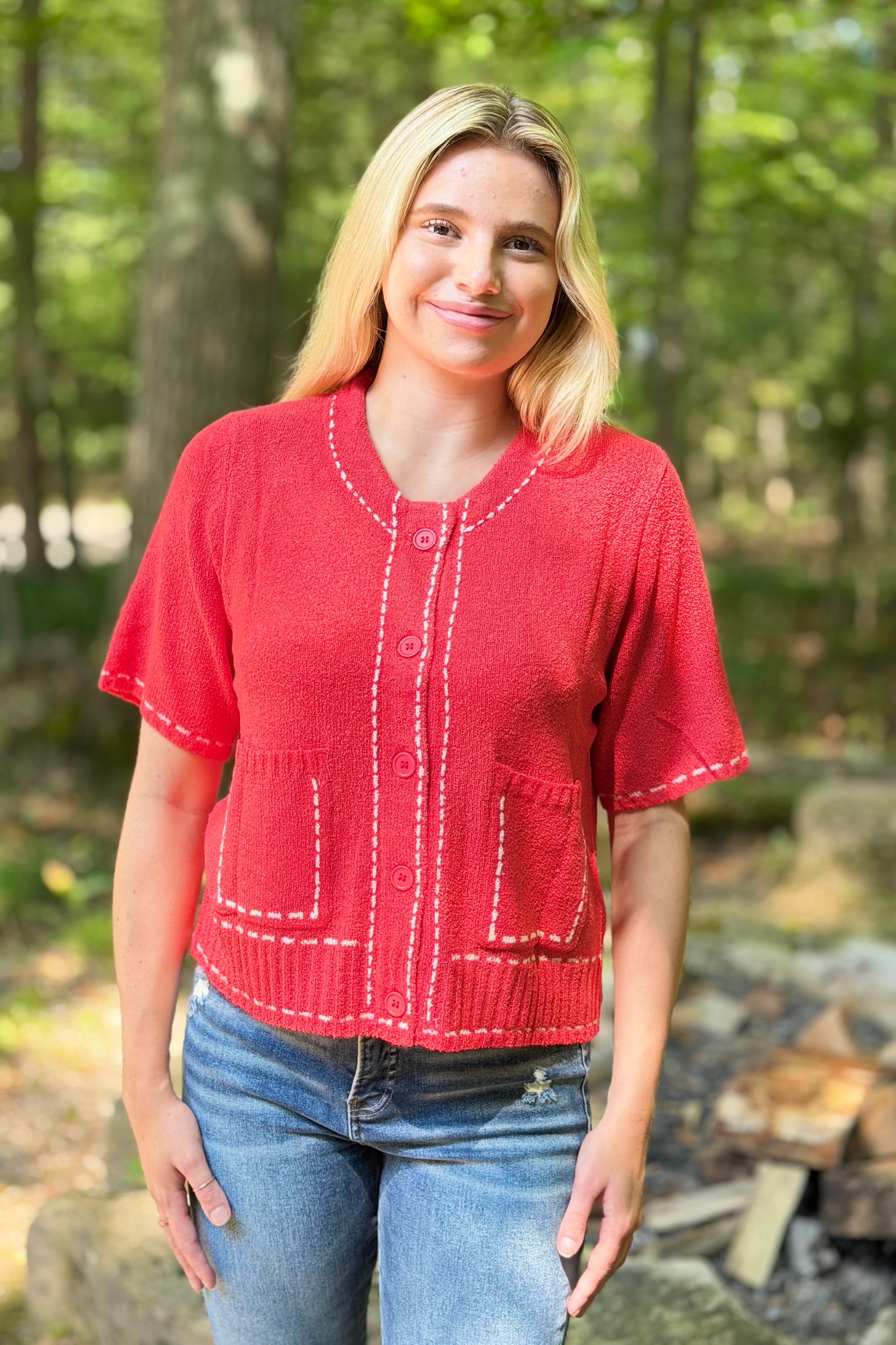 Stitch Detail Cardigan Top - Red