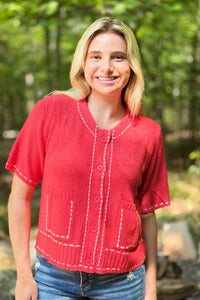 Stitch Detail Cardigan Top - Red