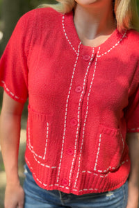 Stitch Detail Cardigan Top - Red