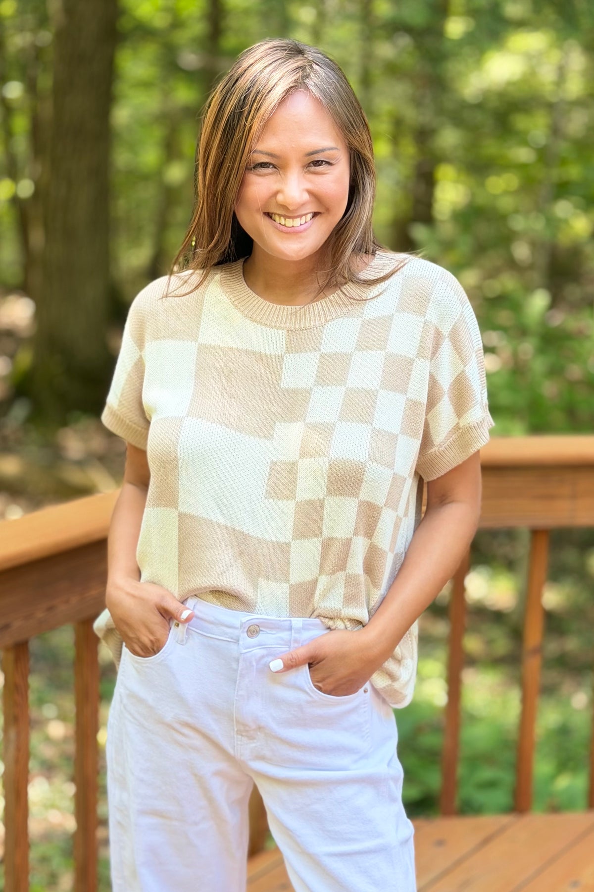 Checkered Casual Top - Taupe