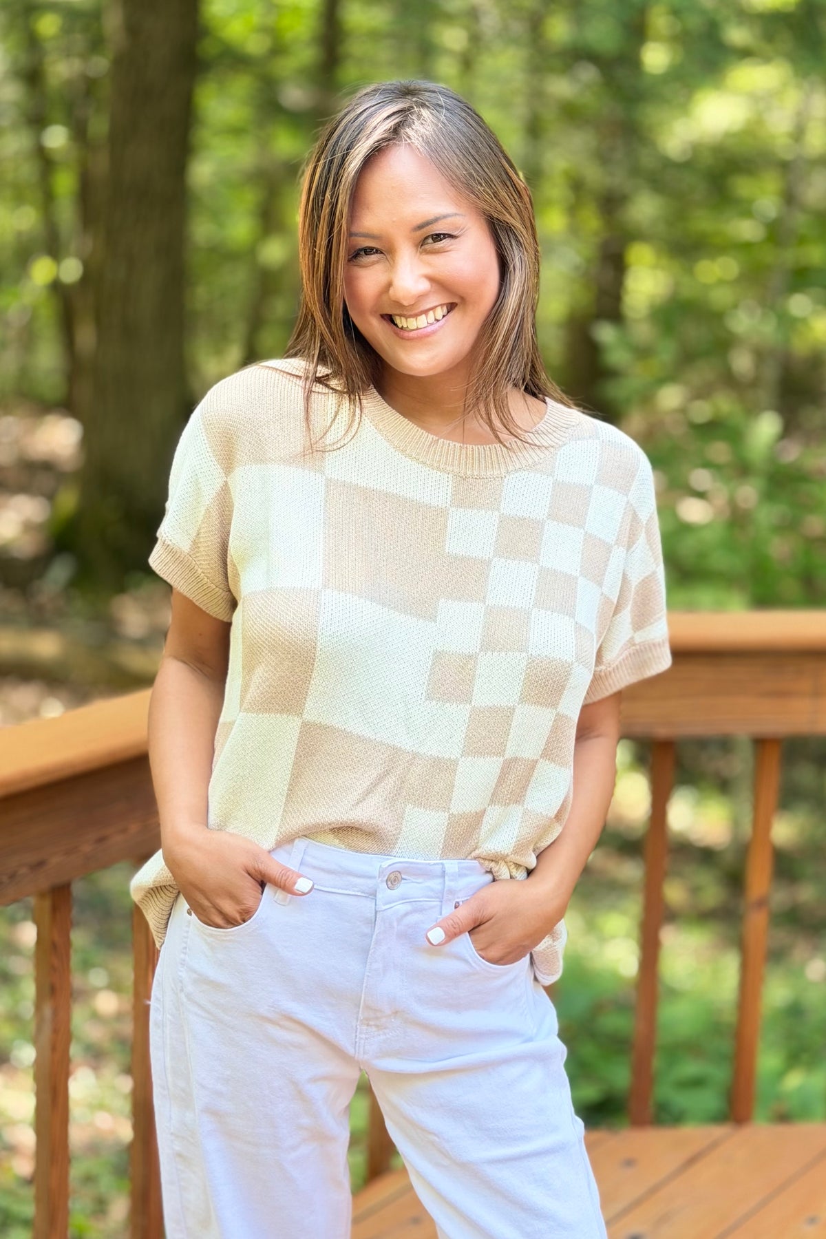 Checkered Casual Top - Taupe