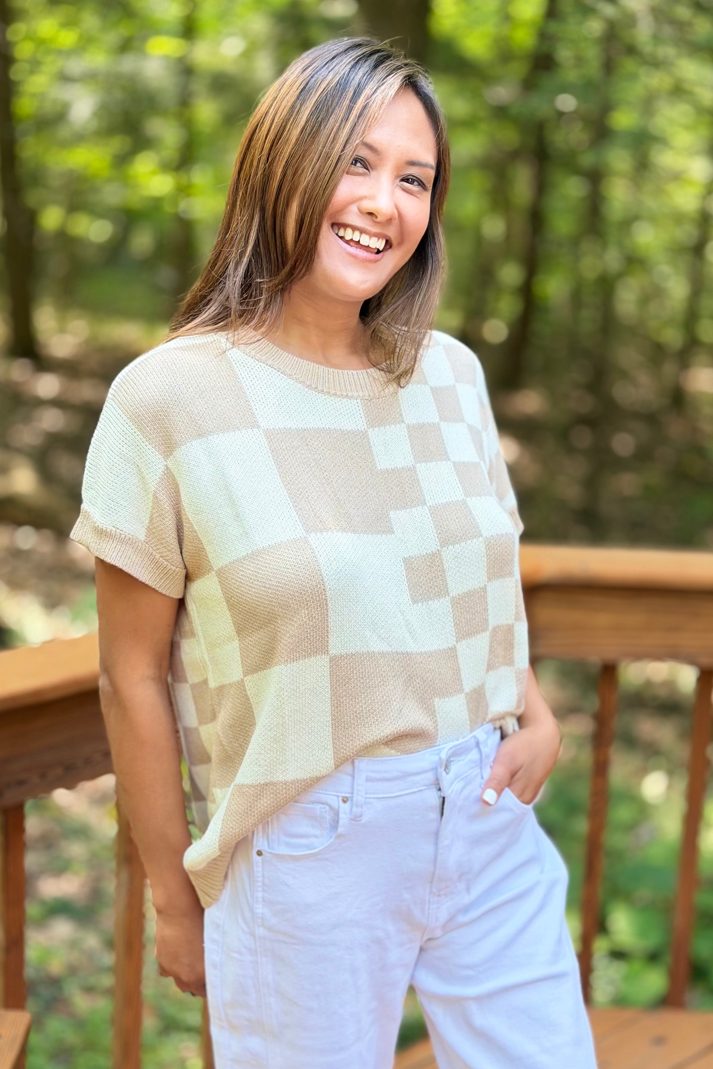 Checkered Casual Top - Taupe