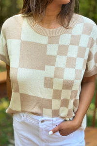 Checkered Casual Top - Taupe