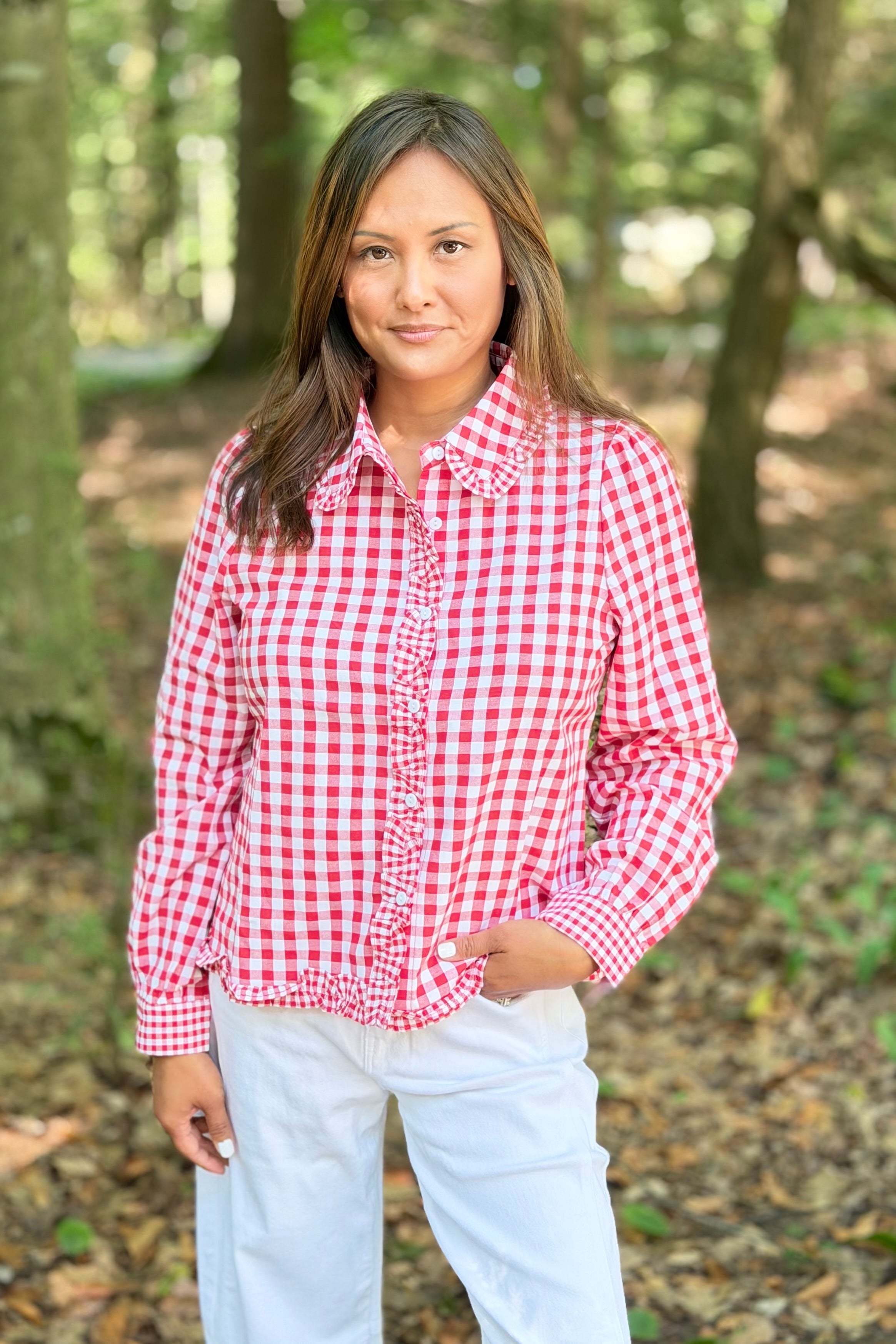Plaid Frill Collar Button Down Shirt