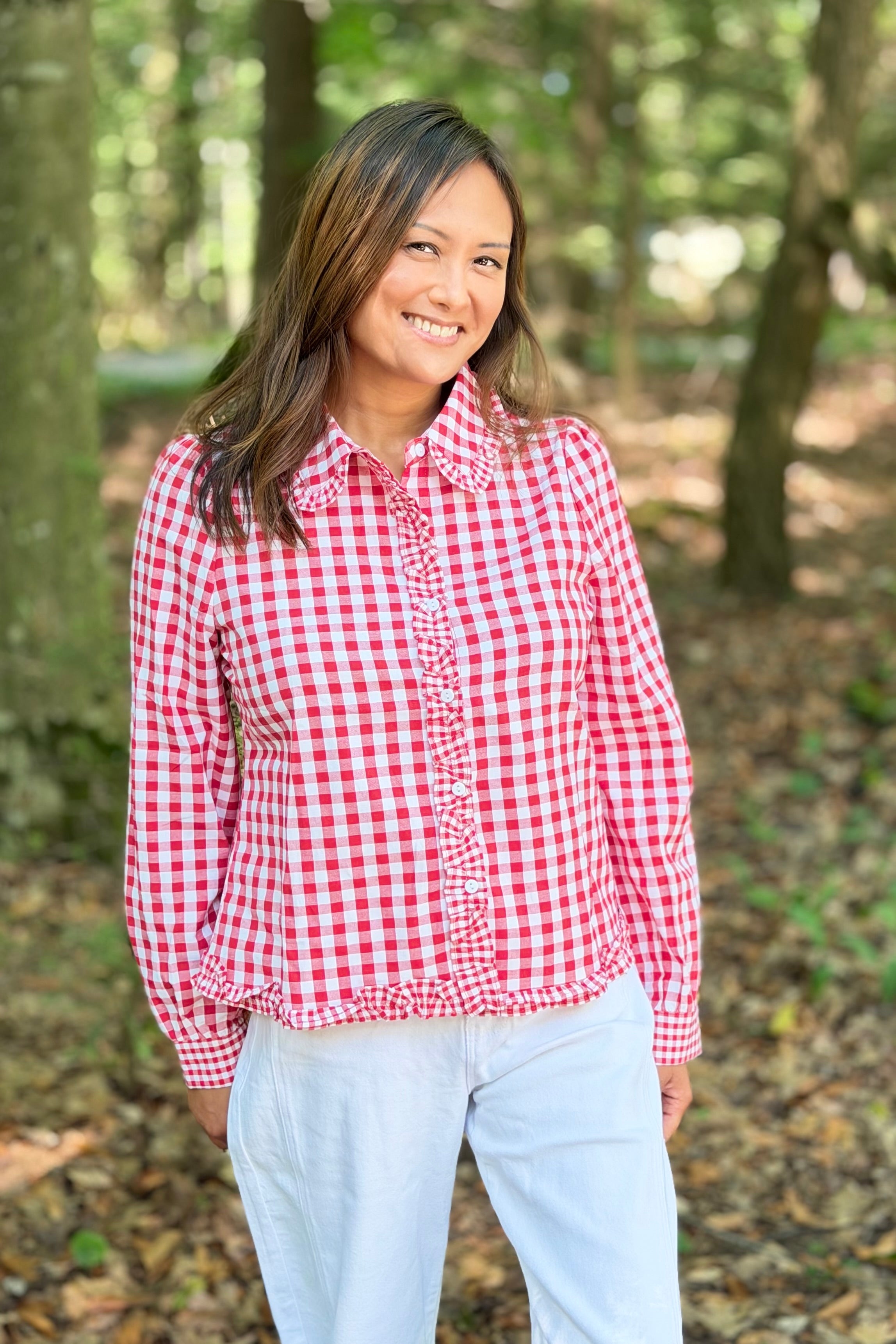 Plaid Frill Collar Button Down Shirt