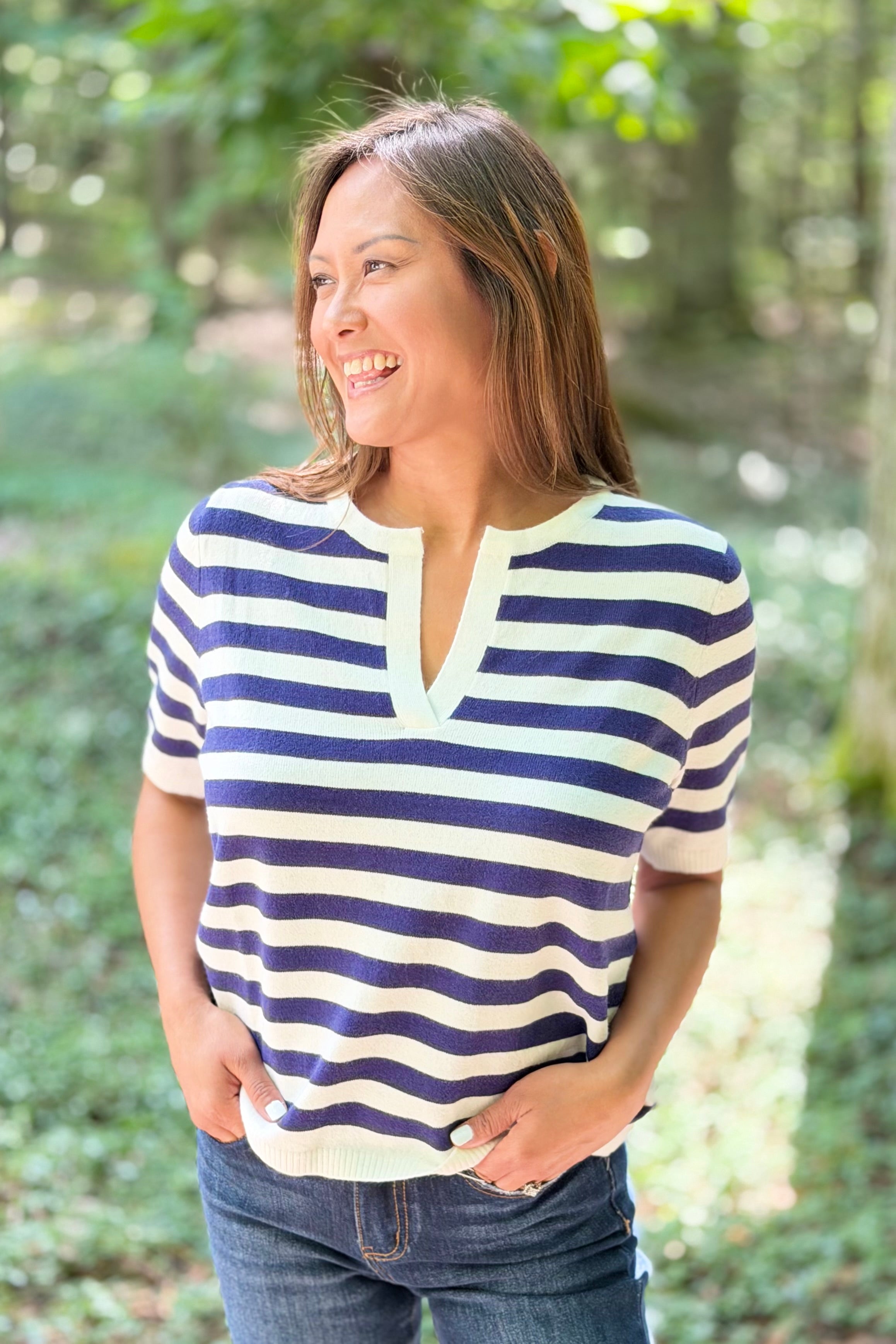 Split Neck Stripe Top - Navy