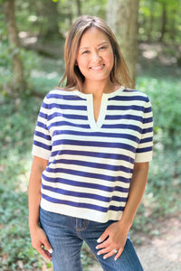 Split Neck Stripe Top - Navy