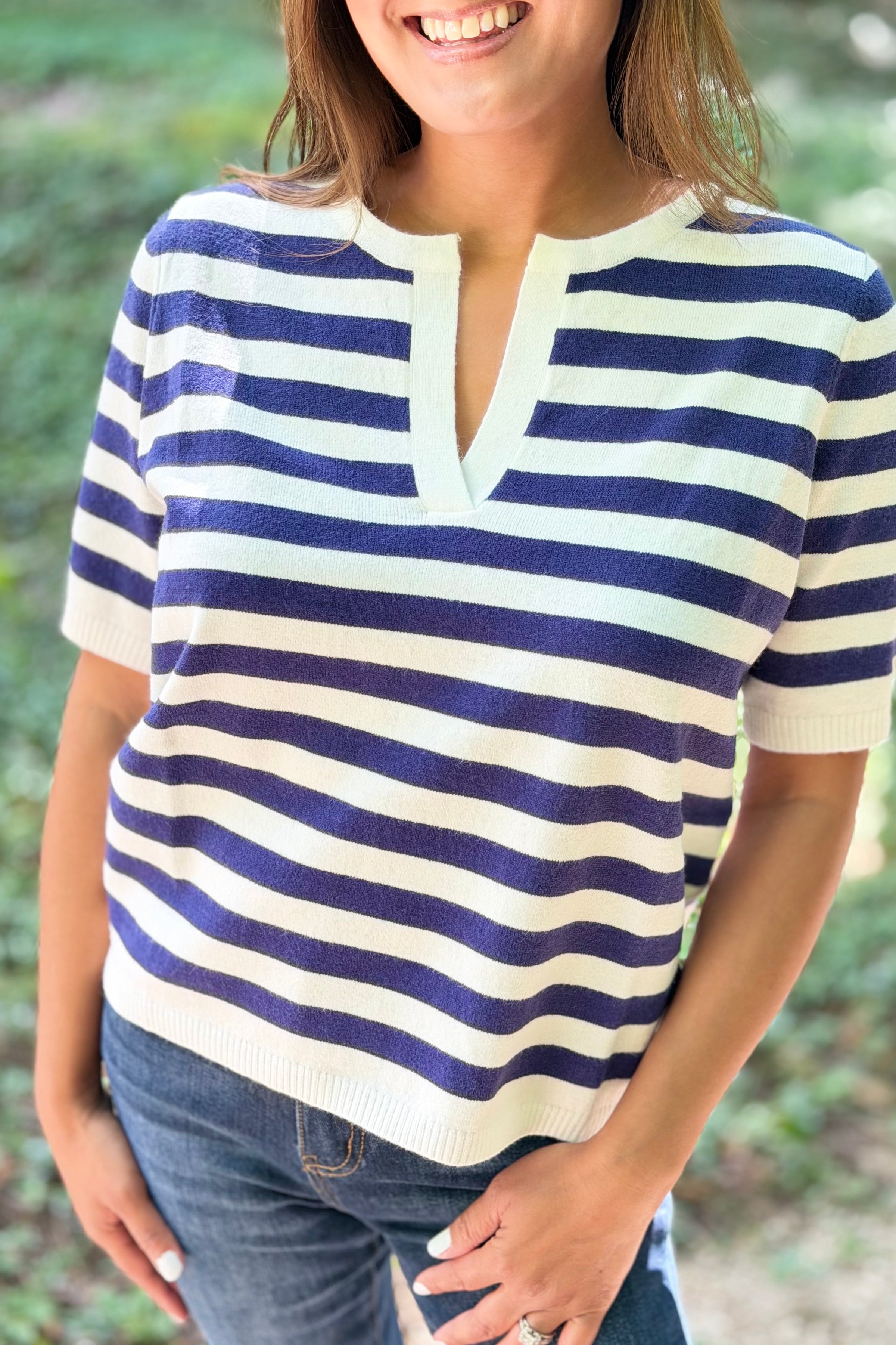 Split Neck Stripe Top - Navy