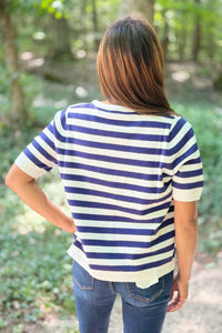 Split Neck Stripe Top - Navy