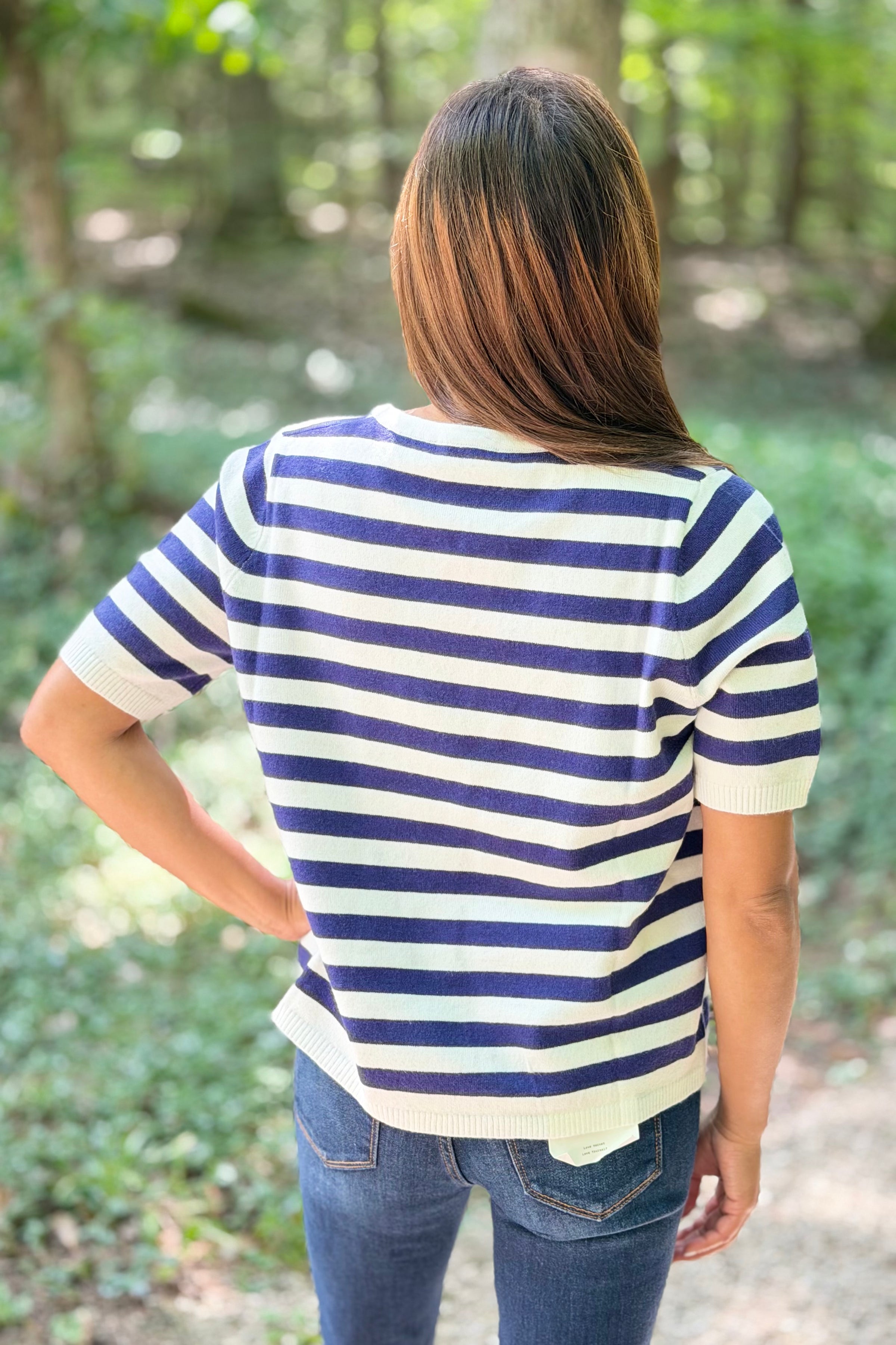 Split Neck Stripe Top - Navy