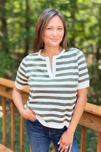 Split Neck Stripe Top - Olive