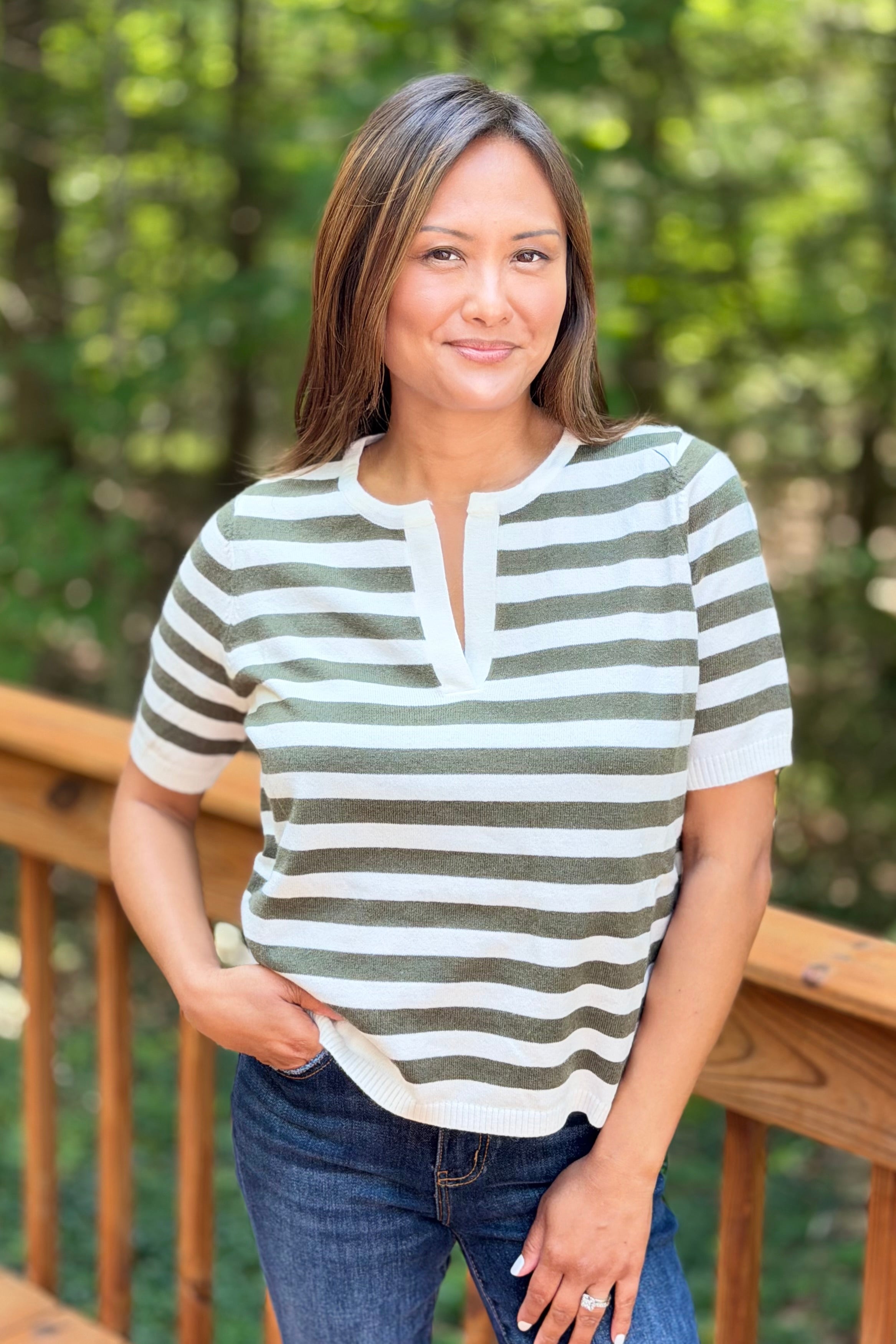 Split Neck Stripe Top - Olive