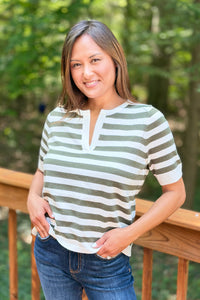 Split Neck Stripe Top - Olive