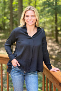 Dramatic Hi-Low V-Neck Blouse - Black