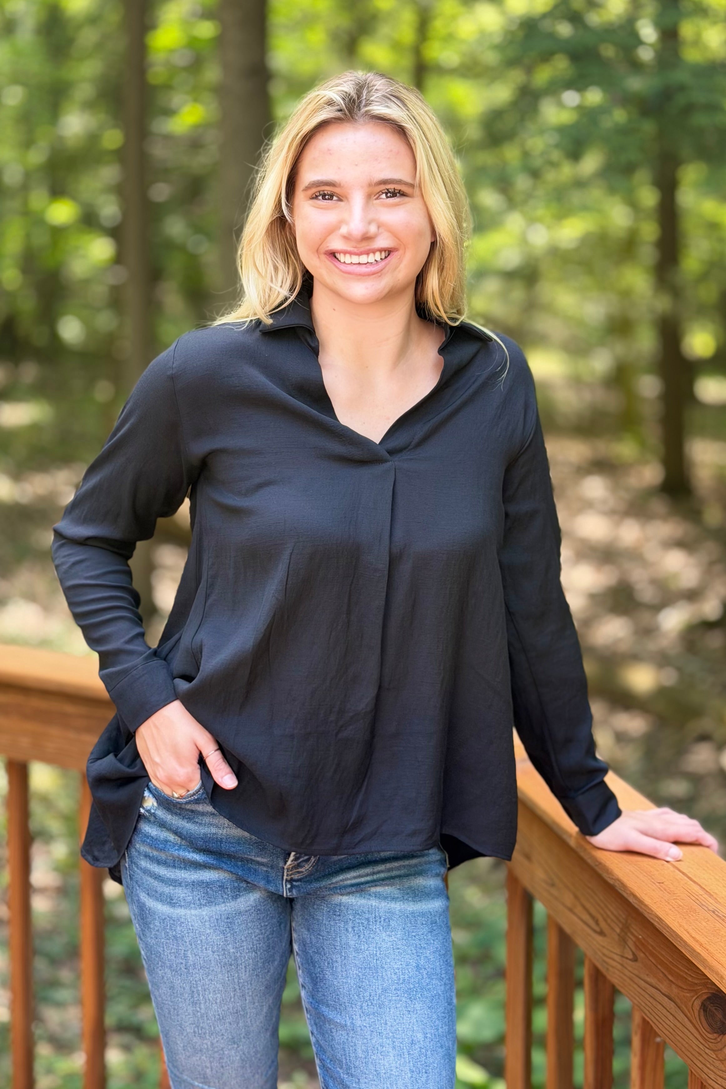 Dramatic Hi-Low V-Neck Blouse - Black