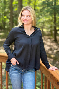 Dramatic Hi-Low V-Neck Blouse - Black