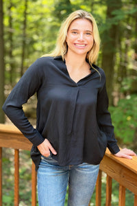 Dramatic Hi-Low V-Neck Blouse - Black